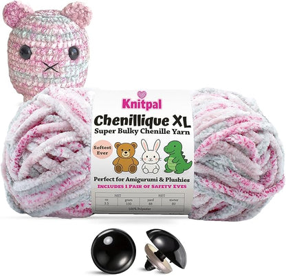 Chenillique XL Super Bulky Chenille Yarn – 100g Skein (88 Yards) + Safety Eyes + Free Plushie Pattern – Plush Polyester Yarn for Amigurumi, Crochet & Knitting - Dusky Rose