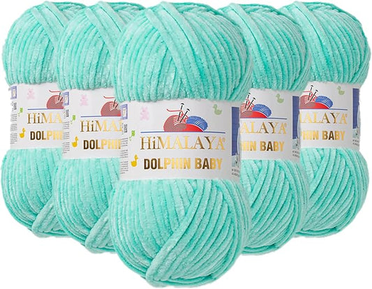 5 Skein/Pack Himalaya Dolphin Baby Chenille Yarn, Each Ball 100 gr (3.5 oz), 120 m (132 Yards), 100% Polyester, Super Bulky Baby Blanket Velvet Amigurumi Yarn, 80345 - Mint Green