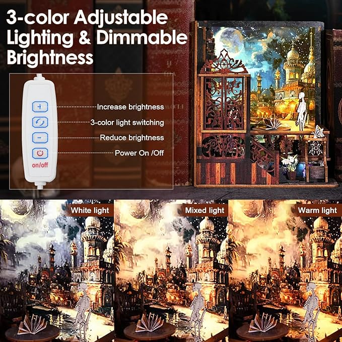 Foyucool DIY Book Nook Kit, Miniature Bookshelf Decor with LED Lights, Laser-Cut Wooden Craft Set for Adults, Creative Gift for Christmas, Birthday, Magic Exploration