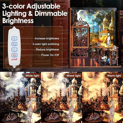 Foyucool DIY Book Nook Kit, Miniature Bookshelf Decor with LED Lights, Laser-Cut Wooden Craft Set for Adults, Creative Gift for Christmas, Birthday, Magic Exploration