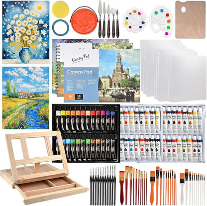 140-Piece All-in-One Painting Kit with Tabletop Wood Easel Box, 72-Color Acrylic Watercolor Oil Paint Set, Canvases, 41 Paintbrushes & Art Supplies for Adults, Artists & Beginners