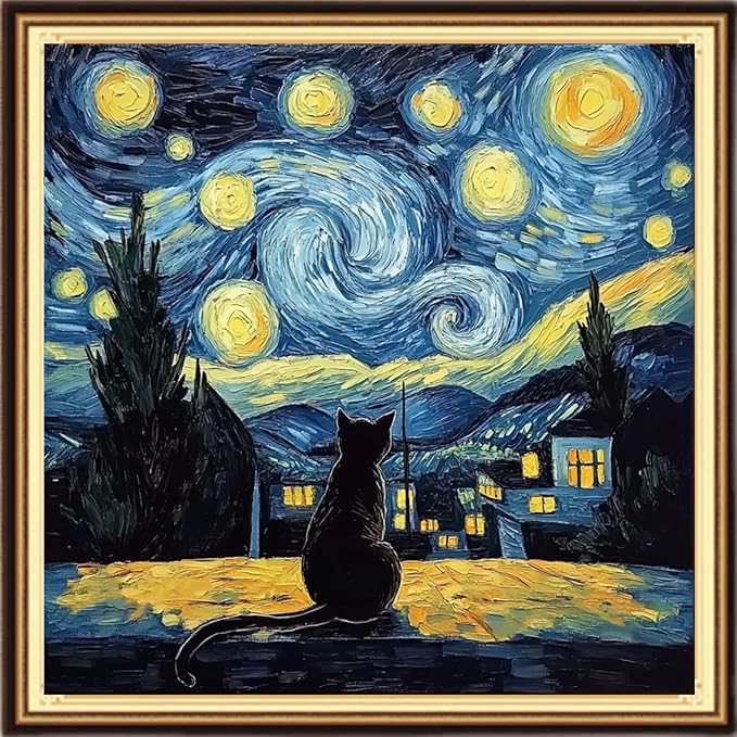 Dimensean Stamped Cross Stitch Kits Full Range of Embroidery Patterns Starter Kits for Beginners Adult DIY Cross Stitches Needlepoint Kits 11CT-Van Gogh Starry Cat 18x18 inch