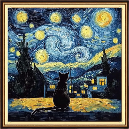 Dimensean Stamped Cross Stitch Kits Full Range of Embroidery Patterns Starter Kits for Beginners Adult DIY Cross Stitches Needlepoint Kits 11CT-Van Gogh Starry Cat 18x18 inch