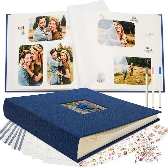 Vienrose Premium Scrapbook Photo Album with Writing Space 12"x12", DIY Scrapbook Album with 100 Pages, Large Photo Book for Baby Family Travel Vacation, Valentine Gift Navy Blue