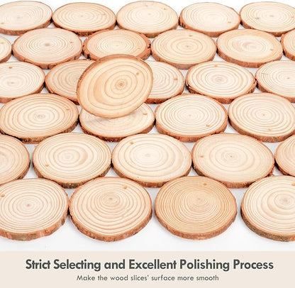 54Pcs Wood Slices, LOOFORE 2.4"-2.8" Unfinished Natural Wood Rounds with Pre-drilled Hole, for Burning Painting DIY Crafts Christmas Ornaments Party Wedding Decor