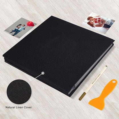 Photo Album Self Adhesive Pages Black Sticky Pages Large Scrapbook Linen Cover for 4x6 5x7 8x10 Pictures Album de Fotos Wedding Couples Baby Family Memory Book, 11x10.6 Black 60 Pages