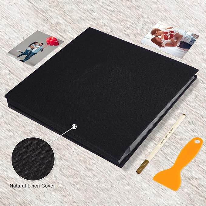 Photo Album Self Adhesive Pages Black Sticky Pages Large Scrapbook Linen Cover for 4x6 5x7 8x10 Pictures Album de Fotos Wedding Couples Baby Family Memory Book, 13.2x12.8 Black 40 Pages