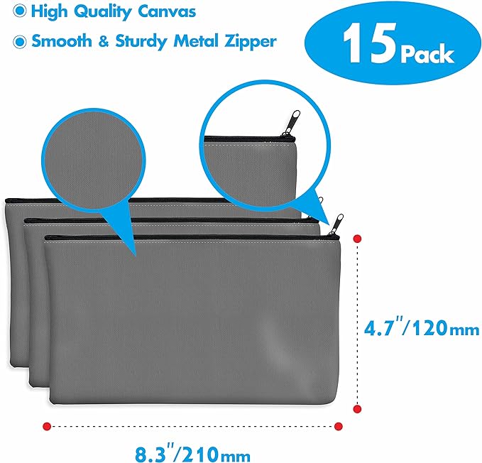 15 Pack Blank Cotton Canvas DIY Craft Zipper Bags Pouches Pencil Case for Makeup Cosmetic Toiletry Stationary Storage