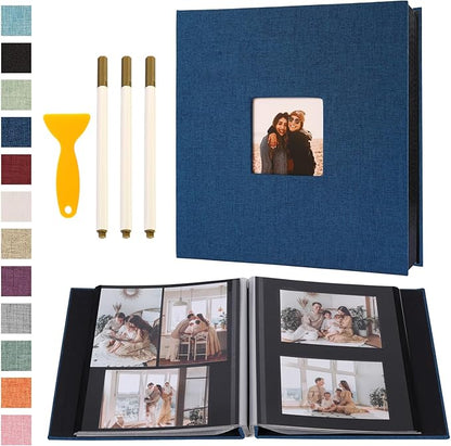 Self Adhesive Photo Album Black Pages Scrapbook Magnetic Photo Albums for 4x6 5x7 8x10 Pictures Books with Sticky Pages with A Metallic Pen for Baby Family Wedding 13.2x12.8 Blue 120 Pages