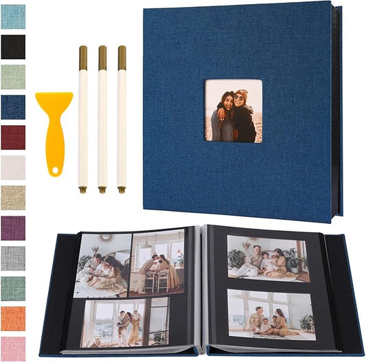 Self Adhesive Photo Album Black Pages Scrapbook Magnetic Photo Albums for 4x6 5x7 8x10 Pictures Books with Sticky Pages with A Metallic Pen for Baby Family Wedding 13.2x12.8 Blue 120 Pages