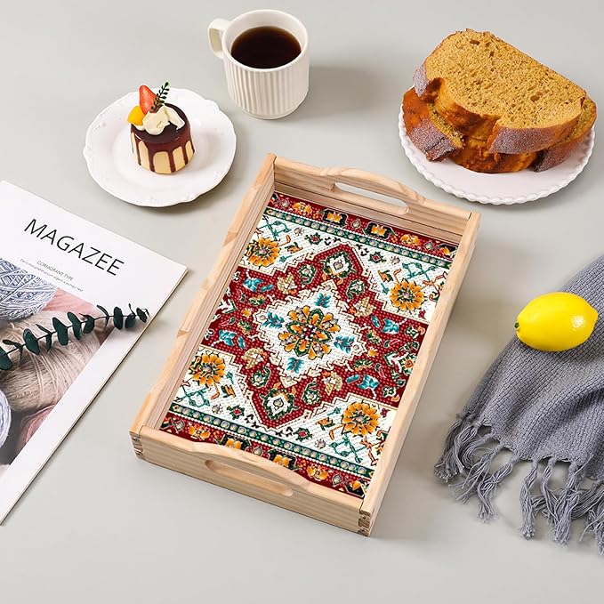 DOTSOPS 5D Diamond Art Kits for Adults Wooden Serving Tray with Handle Special Diamond Painting Plate Big Gem Dots Paint by Numbers Crafts Kits for Living Room Mandala 7.8x11.8 Inches