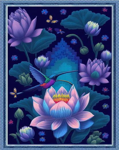 Findvoor Stamped Cross Stitch Kits for Beginners Full Range of Cross Stitching Embroidery Pattern for Adults, 11CT DIY Needlepoint Embroidery Starter Kits-Hummingbird Lotus 15.7x19.7 inch