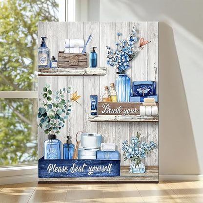 WANGTIAO Navy Blue Shelf Pattern Bathroom Canvas Wall Art Rustic Grey Wood Grain Wall Paintings Please Seat Yourself Sign Prints Pictures Vintage Aesthetic Bathroom Poster Artwork Home Decor 12"x16"