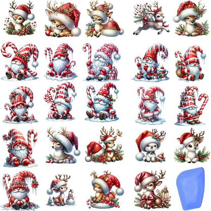 24 Sheets Vintage Christmas Rub On Transfers for Crafts, Rub On Transfers Christmas for Wood，Furniture Decals, Glass, Porcelain, Leather, Canvas, Fabric Projects,3 * 3inch(Gnome Reindeer)