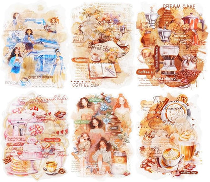 AuriicLeaf Coffee Aesthetic PET Stickers, 60 Pcs Large Collage Ephemera for Scrapbooking, Journaling, DIY Crafting, and Art Supplies