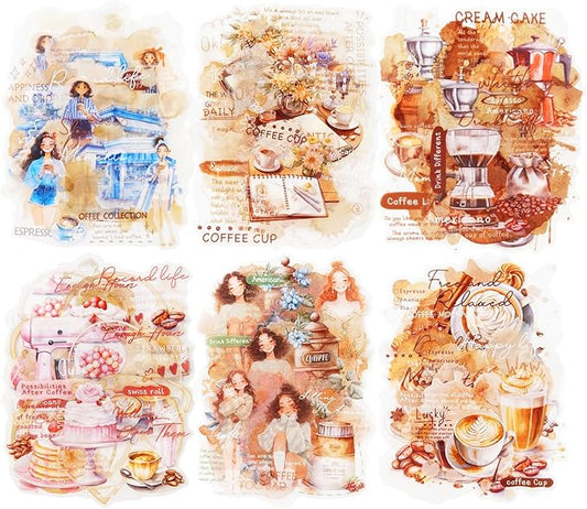 AuriicLeaf Coffee Aesthetic PET Stickers, 60 Pcs Large Collage Ephemera for Scrapbooking, Journaling, DIY Crafting, and Art Supplies