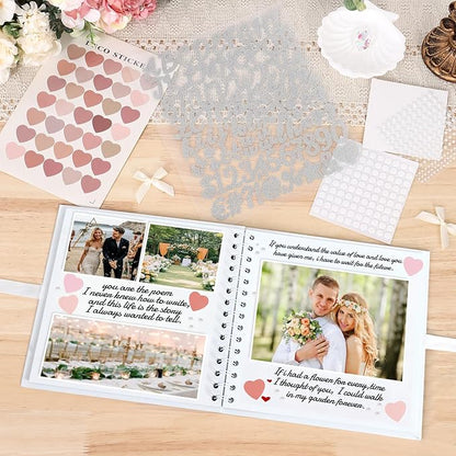 Alynsehom 8 x 8 Inch Letters to The Bride Scrapbook Kits Wedding Memory Book with DIY White Scrapbook Photo Album Blank Paper Bows Pearl Stickers Metallic Letters Heart Sticker Round Dot Stickers