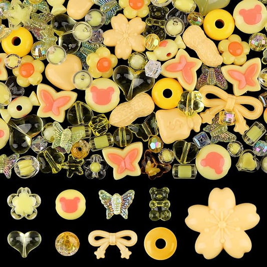 150PCS Acrylic Pastel Beads for Jewelry Making, Kalolary Colorful Bow Butterfly Flower Kawaii Plastic Candy Heart Cute Macaroon Aesthetic Beads for Bracelet Necklace DIY Supplies (Yellow)