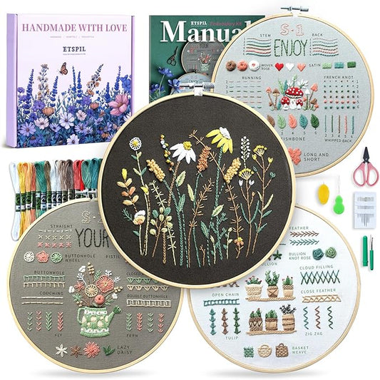 ETSPIL Embroidery Kit for Beginners, 4 Floral Patterns, Learn 33 Stitches, Pre-Printed Fabric, 7.8-Inch Hoop, Colored Threads and Needles, Easy Video Guide, DIY Hand Sewing Gift for Adults and Teens