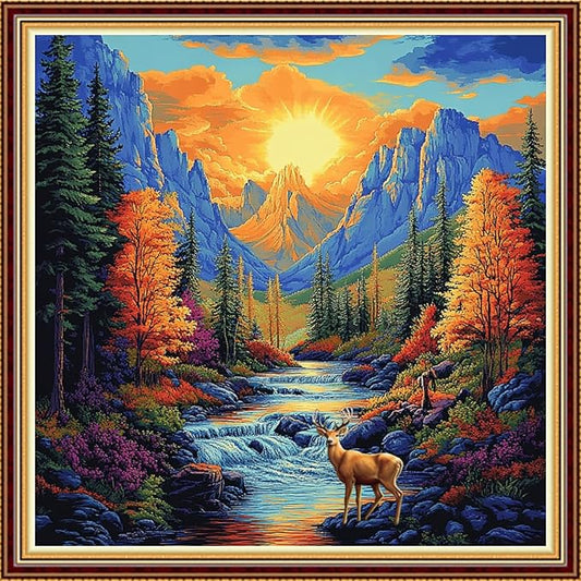 Funart Stamped Cross Stitch Kits for Beginners Full Range of Cross Stitching Preprinted Embroidery Kits for Adults, 11CT Embroidery Pattern Needlepoint Kits-Sunrise Deer 18x18 inch