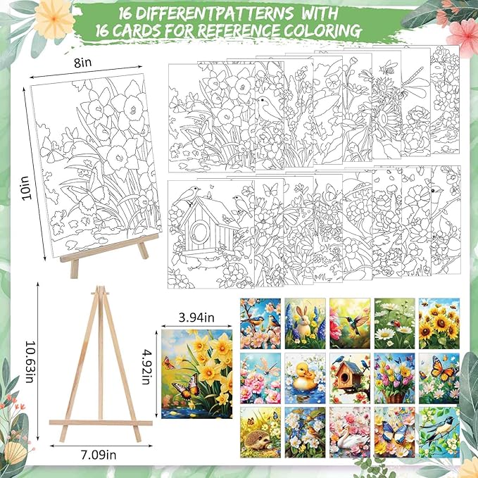Tenceur 16 Sets Pre Drawn Canvas to Paint for Sip and Paint Party, 8 x 10 Inch Preprinted Framed Pre Sketched Coloring Canvas with Easels and Brushes for Adults Party Supplies(Garden)