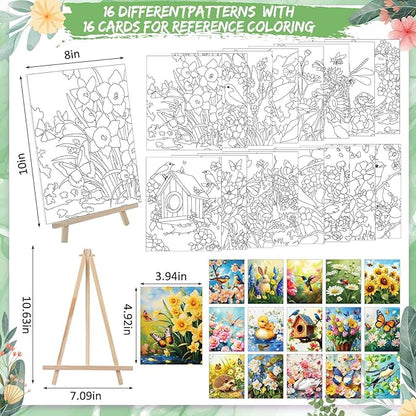 Tenceur 16 Sets Pre Drawn Canvas to Paint for Sip and Paint Party, 8 x 10 Inch Preprinted Framed Pre Sketched Coloring Canvas with Easels and Brushes for Adults Party Supplies(Garden)