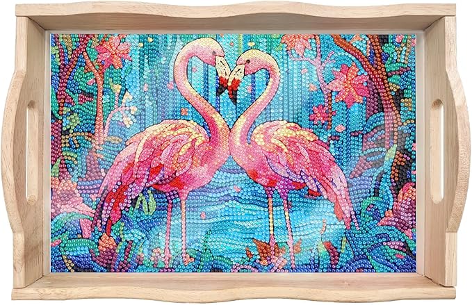 DIY Diamond Art Wooden Tray Kit With Handle, Food Tray for Breakfast, Bar Dinner Table Decoration, Diamond Dots Gem Painting Art Set for Beginners-#27-Flamingo