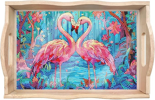 DIY Diamond Art Wooden Tray Kit With Handle, Food Tray for Breakfast, Bar Dinner Table Decoration, Diamond Dots Gem Painting Art Set for Beginners-#27-Flamingo