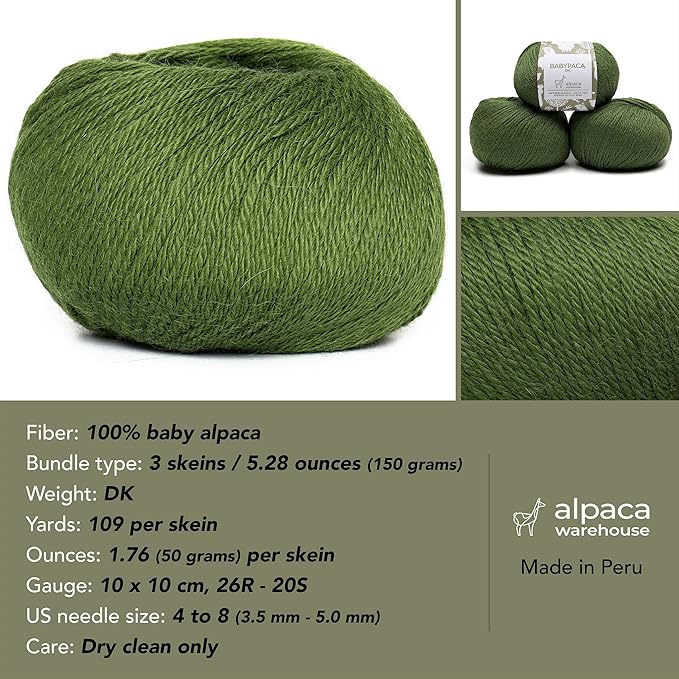100% Baby Alpaca Yarn Wool Set of 3 Skeins (150 Grams) DK Weight - Made in Peru - Heavenly Soft and Perfect for Knitting and Crocheting (Leaf Green, DK)
