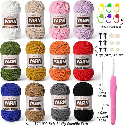 12 Pack 42.3oz/1572yds Bulky Multicolor Yarn Set, Plush Chenille Blanket Yarn for Crocheting, Fluffy Velvet Yarns for Crochet, Fuzzy Baby Yarns for Crocheting Soft, Crochet Amigurumi C