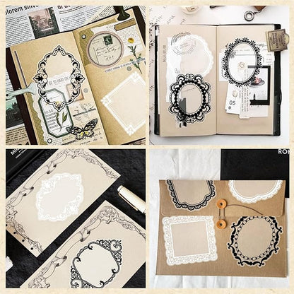 PRSTINCOL 240 PCs Lace Scrapbook Stickers,Waterproof Cutout Transparent Sticker PET Transparent Lace Stickers for Scrapbooking DIY Decoration Making Notebook Frame Album Handmade(Black and White)