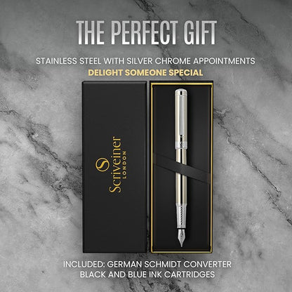 Scriveiner Stainless Steel Fountain Pen - Stunning Luxury Pen with Steel Finish, Schmidt Steel Nib (Medium), Pen Gift Set for Men & Women, Professional, Executive Office, Nice Designer Pens
