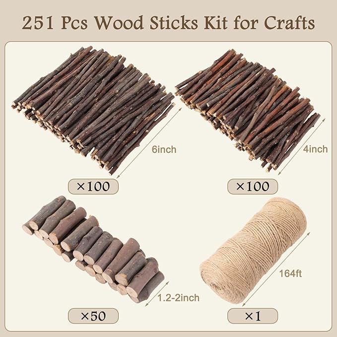 251 Pack Wooden Log Sticks for Crafts Kit 6 Inch and 4 inch Natural Twigs Sticks 0.8cm in Diameter Wood Log 164 Feet Jute Twine for DIY Rustic Home Decor Christmas Gift Making