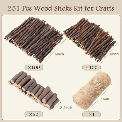 251 Pack Wooden Log Sticks for Crafts Kit 6 Inch and 4 inch Natural Twigs Sticks 0.8cm in Diameter Wood Log 164 Feet Jute Twine for DIY Rustic Home Decor Christmas Gift Making