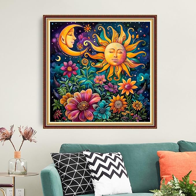 Funart Stamped Cross Stitch Kits for Beginners Full Range of Cross Stitching Preprinted Embroidery Kits for Adults, 11CT Embroidery Pattern Needlepoint Kits-Sun and Moon Flowers 18x18 inchs