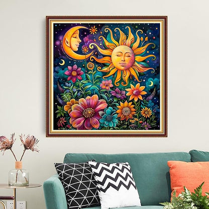 Funart Stamped Cross Stitch Kits for Beginners Full Range of Cross Stitching Preprinted Embroidery Kits for Adults, 11CT Embroidery Pattern Needlepoint Kits-Sun and Moon Flowers 18x18 inchs