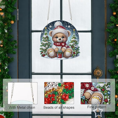 Christmas Diamond Painting Hanging Ornament Kit, 5D DIY Crystal Diamond Art Pendant with Bear Doll and Christmas Tree, Wall, Window & Door Decoration for Adults, Home Holiday Gift, 24.1 x 23.1 cm