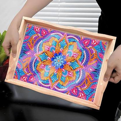 Generic DIY Art Painting Wooden Tray Kit, Food Tray with Handle Diamond Painted Table Decoration Tray, for Breakfast, Bar Dinner Table Diamond Dots Gem Painting Art Set for Beginners (#02-Mandala)