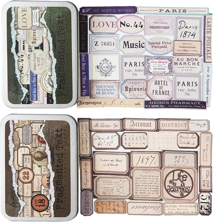 AuriicLeaf Vintage Fragmented Label Stickers, 400 PCS Washi Ephemera for Scrapbooking, Journaling, Crafting, DIY Projects, Diaries, and Art Supplies - 2 Iron Boxes Included