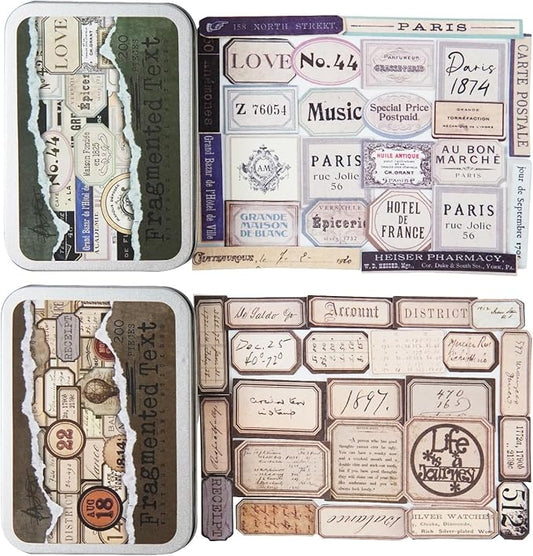 AuriicLeaf Vintage Fragmented Label Stickers, 400 PCS Washi Ephemera for Scrapbooking, Journaling, Crafting, DIY Projects, Diaries, and Art Supplies - 2 Iron Boxes Included