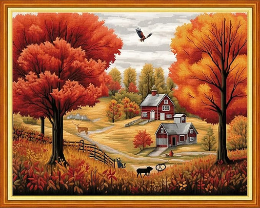 Dimensean Stamped Cross Stitch Kits Full Range of Embroidery Patterns Starter Kits for Beginners Adult DIY Cross Stitches Needlepoint Kits 11CT-Autumn Scenery 16x20 inch