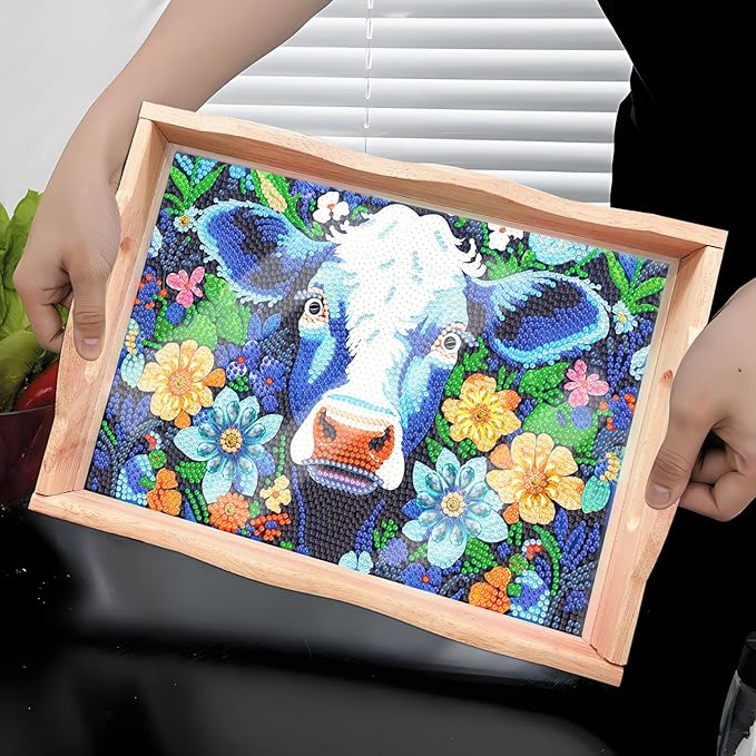FGbaby DIY 5D Flowers Cow Diamond Painting Wood Serving Tray with Handles Diamond Art Decorative Serving Trays Wooden Tray for Breakfast in Bed, Patio, BBQ, Coffee Table, Party –Great for Lap & Couch