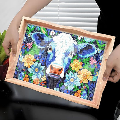 FGbaby DIY 5D Flowers Cow Diamond Painting Wood Serving Tray with Handles Diamond Art Decorative Serving Trays Wooden Tray for Breakfast in Bed, Patio, BBQ, Coffee Table, Party –Great for Lap & Couch