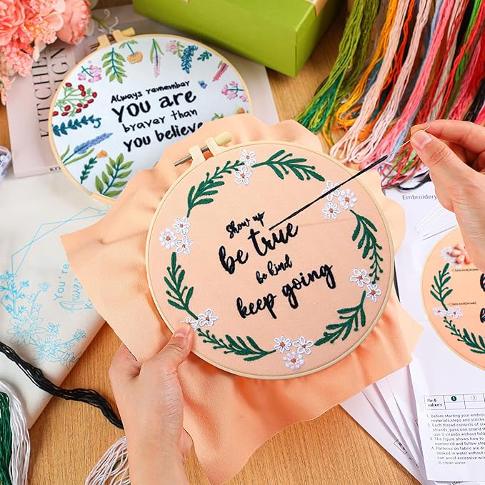Crowye 5 Sets Inspired Quote Embroidery Kit for Beginner Adult Motivational Embroidery Starter Set Floral Cross Stamped Needlepoint Kit Hoops Thread Needles for Adults Craft Lover