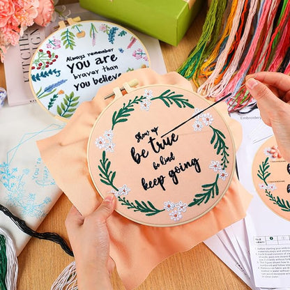 Crowye 5 Sets Inspired Quote Embroidery Kit for Beginner Adult Motivational Embroidery Starter Set Floral Cross Stamped Needlepoint Kit Hoops Thread Needles for Adults Craft Lover