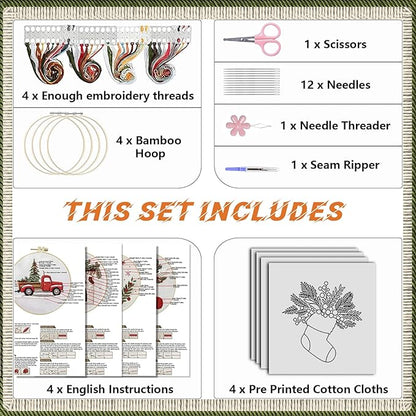 WKALXJ 4 Sets Christmas Embroidery Kits for Adults, Embroidery Kit for Beginners, Christmas Cross Stitch Kits for Beginners with Pattern, Needles, Threads, Tools (Candy Cane+Fireplace+Stocking+Truck)