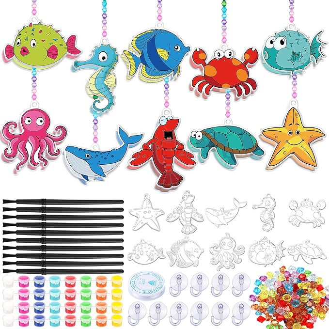 WinnerWhy 30 Sets Marine Animal Suncatchers Window Art Kits, DIY Sun Catchers Bulk Crafts Paint Your Own Window Sea Ocean Animal Ornaments for Adult Home Birthday Activity Party Decor