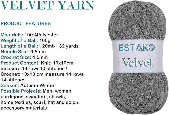 Estako Velvet (3- Skeins Pack) Chenille Blanket amigurumi Yarn for Crocheting and Knitting Super Bulky 3x100 gr (3x132 yds) (1140 - Grey)