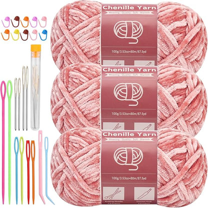 LUNARM Chenille Yarn for Crocheting Knitting, 3 Skein 263 Yard Thick Soft Chunky Fluffy Weaving Plush Yarn for Blankets Clothes Pattern Creations with Big Eye Needles (Peach Pink)