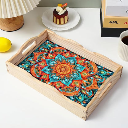 EWJRNSF Diamond Art Kits for Adults Wooden Serving Trays with Handles, 5D Diamond Painting Big Gem Arts and Craft Gifts Trays Decor Gift Home Decor 9.8x13.8 Inches Mandala E